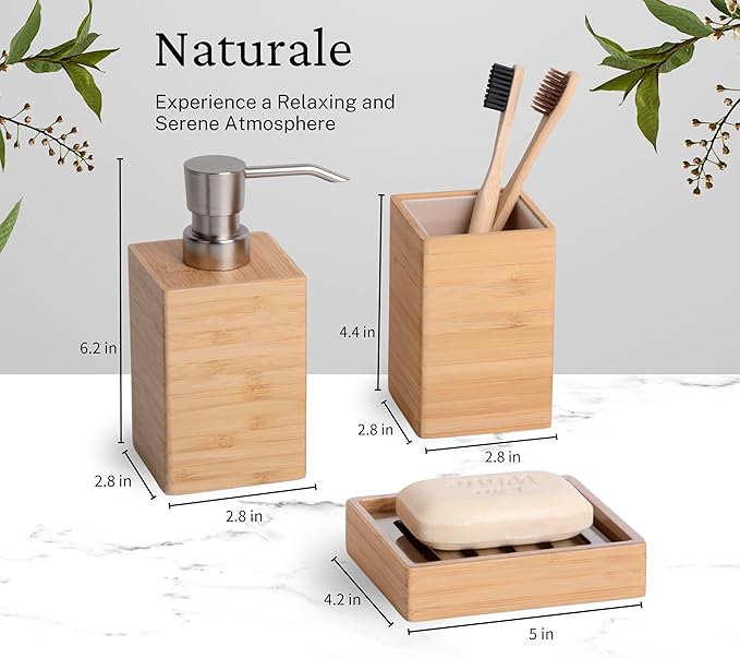 Bamboo Bathroom Accessories Set, 3 Pcs Wood Bathroom Accessories Soap Dispenser, Toothbrush Holder, Soap Dish, Kitchen Soap Dispenser Set for Home Decor, Housewarming Gift