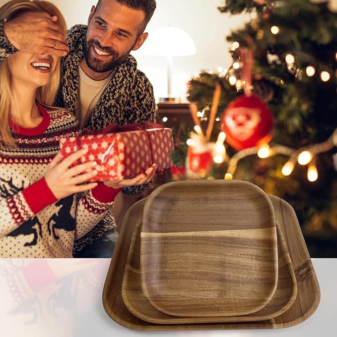 MinBoo Wooden Acacia Plates set of 3, 9-6Inch Wood Acacia Serving Trays, Farmhouse Kitchen Plates, Reusable Wooden Dishware for Dining, Appetizers, Snacks, Parties (square)