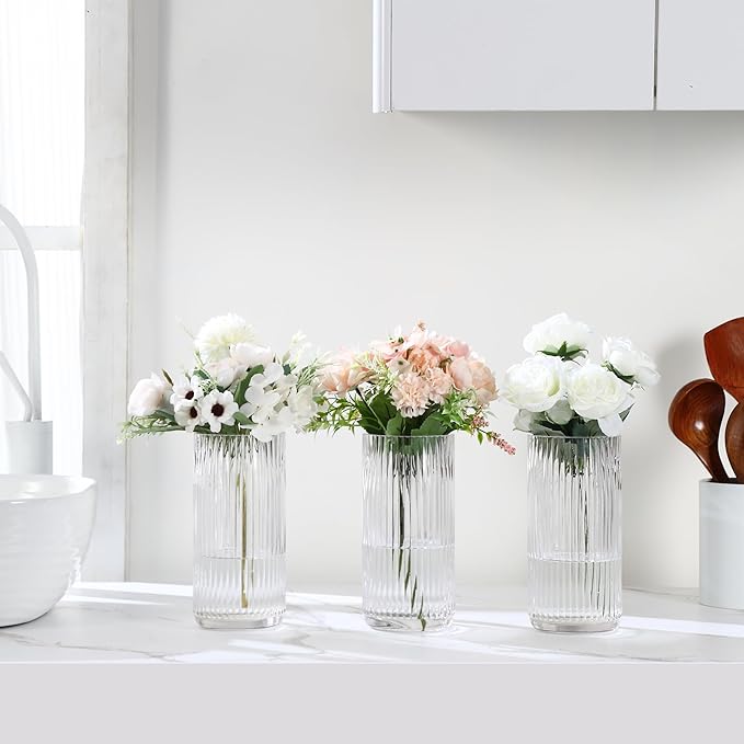 Clear Glass Vases, Flower Vases Set of 3, Ribbed Glass Vase for Tulips, Tall Cylinder Glass Vases for Living Room, Bedroom, Dining Table, Office, Wedding, Bookshelf Decoration, 8 Inches
