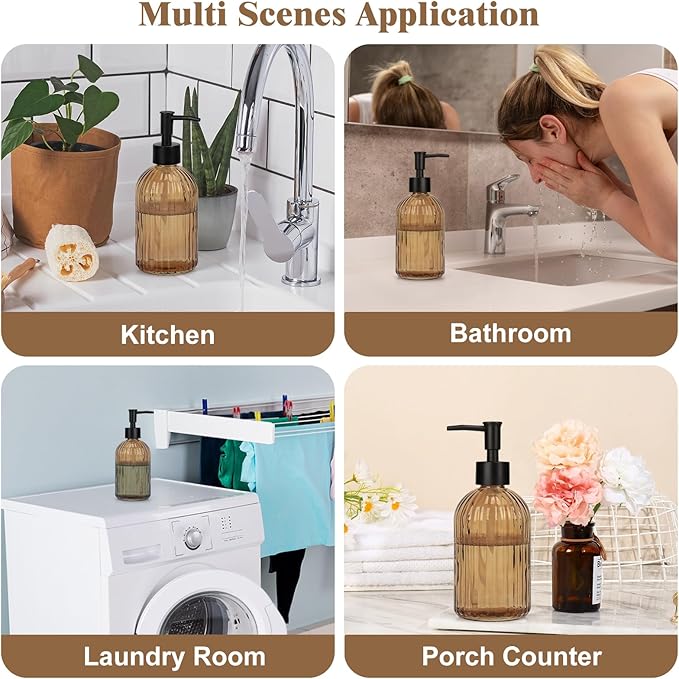 Glass Soap Dispenser with Plastic Pump, Hand Soap Dispenser for Hand Wash, Lotion Dispenser for Dishwashing Liquid, Lotion Shower Gel (Striped Brown)