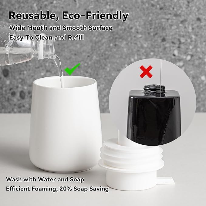 Ceramic Foaming Soap Dispenser, 12 Oz Foam Hand Soap Dispenser for Bathroom, Face Wash Dispenser Bottle with Foaming Pump, Refillable Lotion Dish Soap Foam Dispenser for Kitchen, Matte White