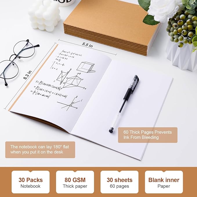30PCS A5 Blank Kraft Notebooks Bulk, 8.3x5.5inch Unlined Paper Composition Notebook, 60 Pages Travel Journal Notebook Set for Work, School, Student,Kids and Writing