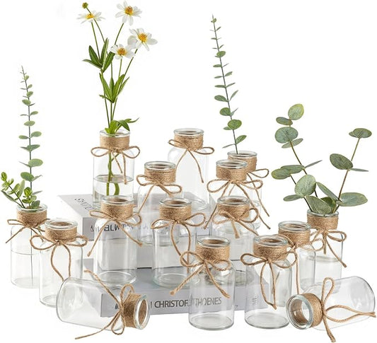 Vintage Glass Flower Vase Bulk 16 Pack Farmhouse Transparent Centerpiece Vases with Hemp Rope Mason Jars for Weddings Parties Dining Table Home Decor（Medium）