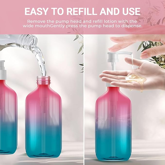 3 Pack Gradient Color Pump Dispenser Bottle, Empty Clear Plastic Soap Dispenser Refillable Pump Containers, 500ml/16.9oz