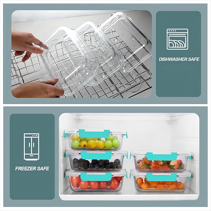 KOMUEE 30 oz 5 Pack Glass Meal Prep Containers 2 Compartments, Glass Food Storage Containers with Lids, Airtight Lunch Box, Microwave, Oven and Freezer Safe, Green