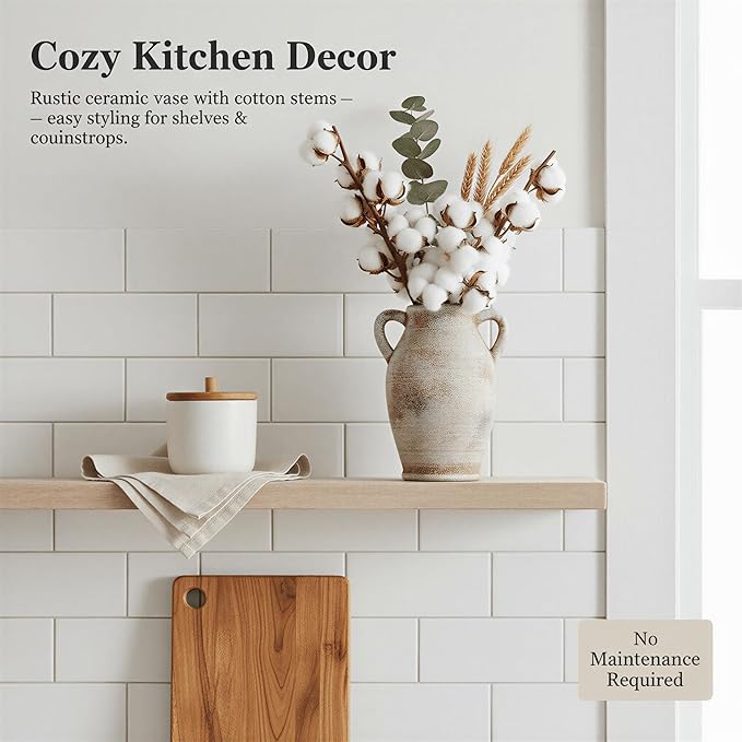 8.1-Inch Terracotta Ceramic Flower Vase with Handles, Rustic Farmhouse Boho Pottery Centerpiece for Table, Living Room & Shelf