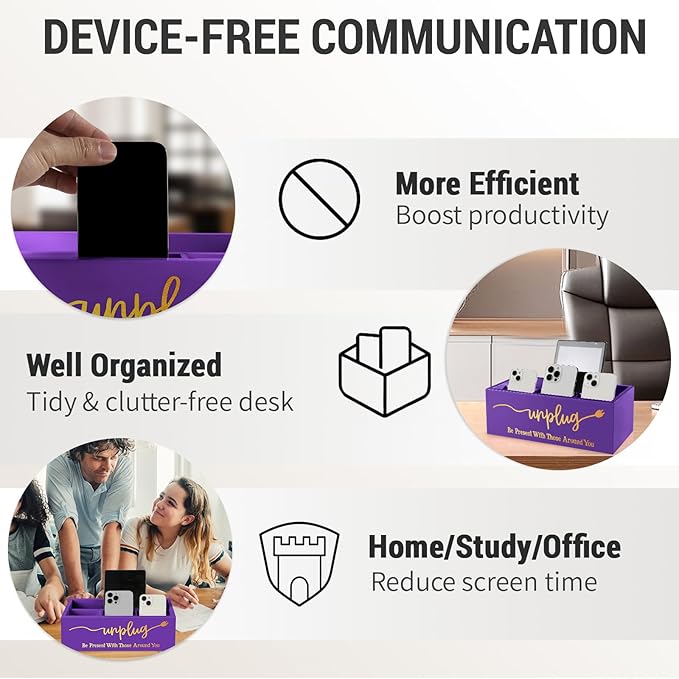 Bamboo Wood Phone Box – Unplug from Phones, Tablets, and Electronics for Study, Meetings, and Family Time, Phone Holder Organizer with Charging Holes, Farmhouse Style, Holds Up to 18 Phones-Purple