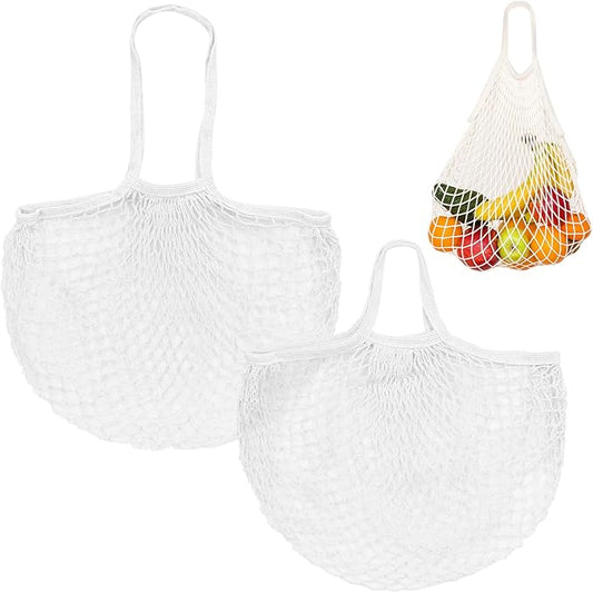 2-Pack Cotton Mesh Bag, Reusable Washable Mesh Net String Grocery Bags, Reusable Produce Bags with Handle, Net Tote Bag for Fruits/Vegetables Shopping [White, Long&Short Handle]