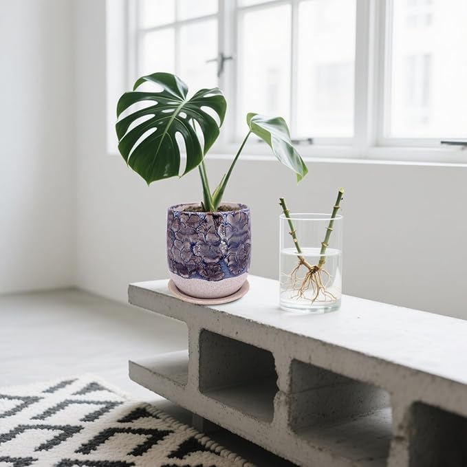 6 in Ceramic Plant Pot with Saucer，Indoor Plant Pot for Plants, Flower Pot with Drainage，Reactive Glaze Grey