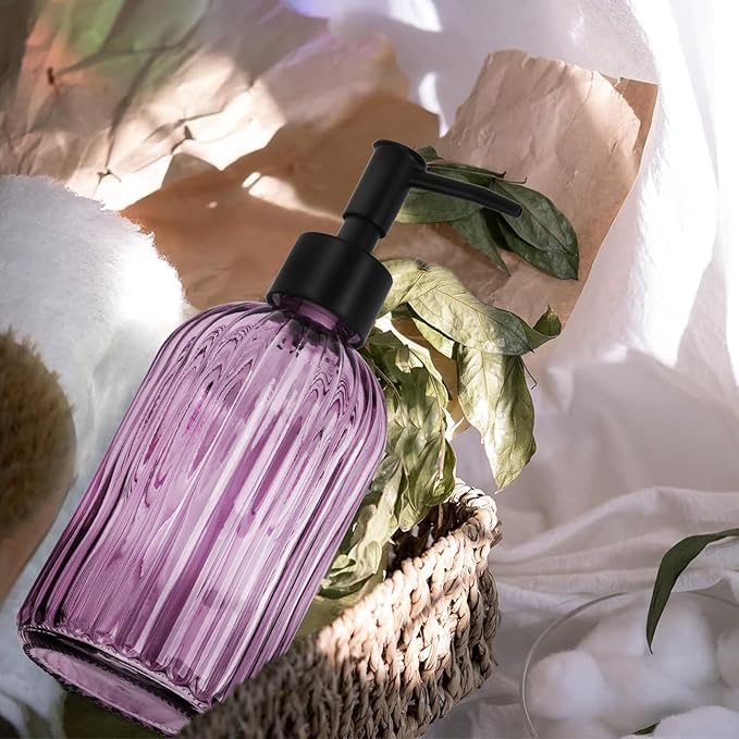 Glass Soap Dispenser with Plastic Pump, Hand Soap Dispenser for Hand Wash, Lotion Dispenser for Dishwashing Liquid, Lotion Shower Gel (Striped Purple)