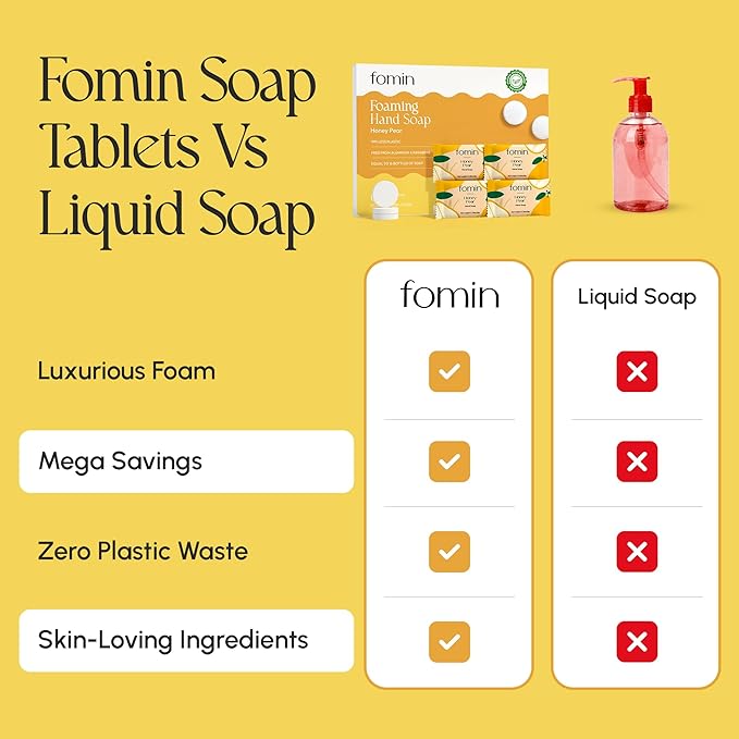 FOMIN Foaming Hand Soap Refills (16 Pack) - Honey Pear Foaming Hand Soap Tablets - Skin Friendly Foam Soap Refill for Hand Wash - Makes 128 fl oz (16 x 8 fl oz)