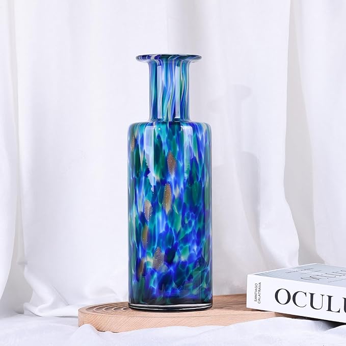 Blown glass cylindrical vase, modern art glass tall vase for home decoration table centerpiece, wedding, living room coffee table, entryway entry table top, TV cabinet decoration and ornament. (green)