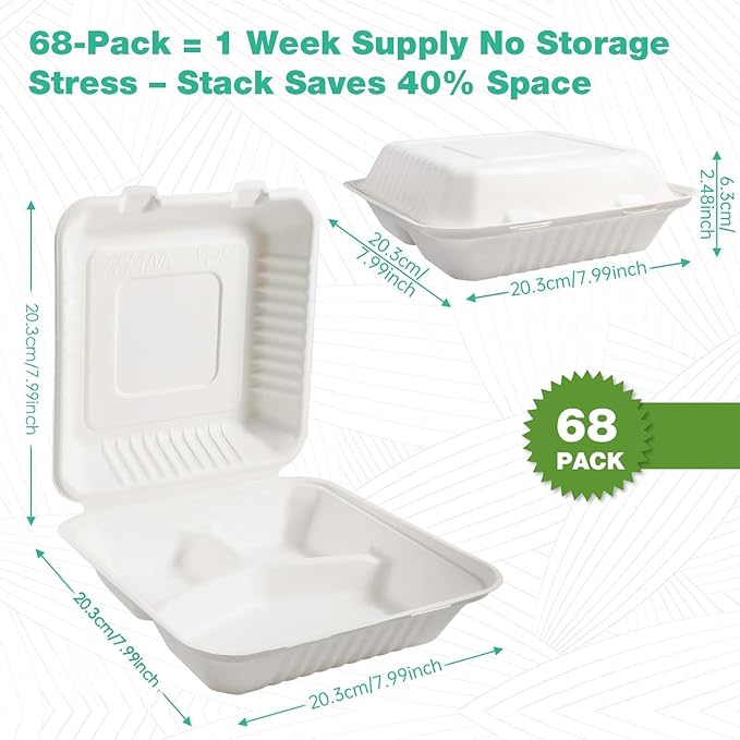 𝟴𝘅𝟴", 𝟲𝟴-𝗣𝗮𝗰𝗸 3-Compartment Clamshell Takeout Containers, 100% Compostable Heavy-Duty Disposable Paper Lunch Boxes(White)