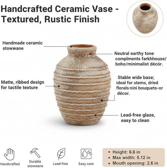 6.6-Inch Terracotta Ceramic Flower Vase, Rustic Farmhouse Boho Pottery Centerpiece for Table, Living Room & Shelf