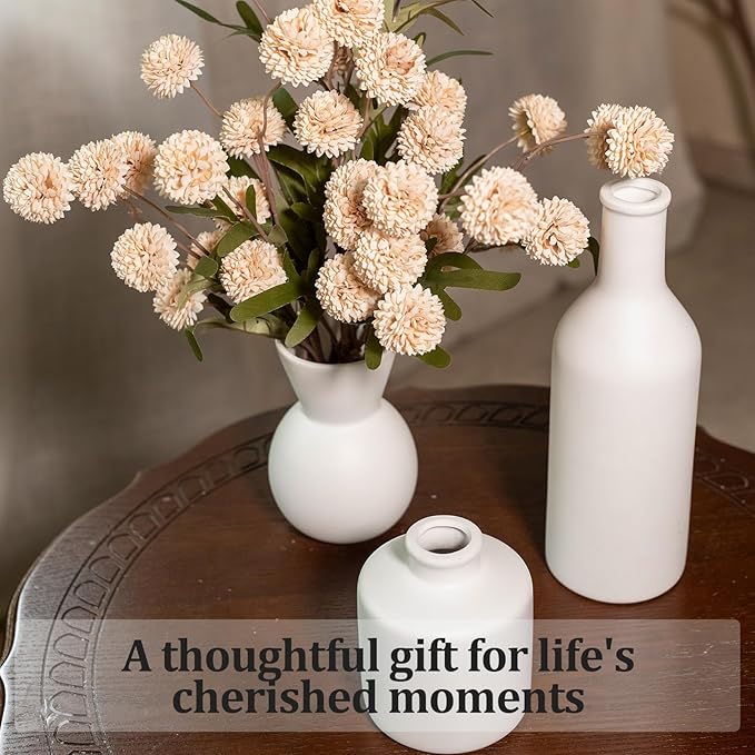 Fake Flowers in Vase for Centerpieces, Faux Flowers in Modern Ceramic Vase Set of 3 with 8 Artificial Autumn Chrysanthemums Artificial Decorative Swags