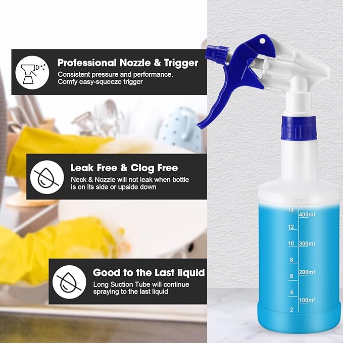 Eccliy 12 Pcs 16 Oz Plastic Spray Bottle, Adjustable Empty Reusable Sprayer for Cleaning, Planting, Water, Bathroom and Kitchen, BBQ, Commercial and Residential (Blue,Measurements)