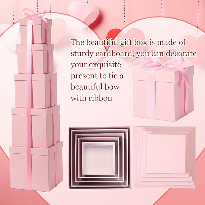 Cholemy 5 Pcs Square Nesting Boxes Decorative Gift Boxes with Lid and Ribbon Assorted Sizes Wrap for Wedding, Thanksgiving, Christmas, Anniversary, Birthday, Bridal Party(Pink)