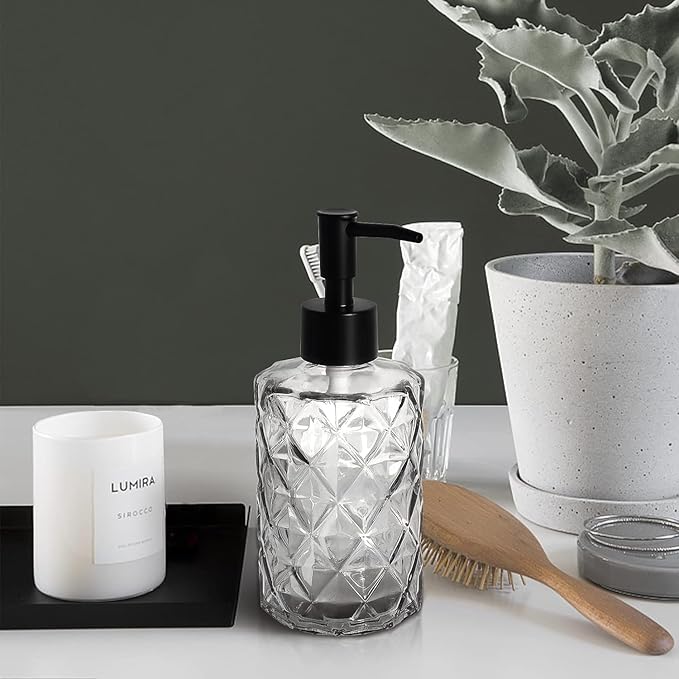 2Pcs Clear Glass Soap Dispenser with Pump, 11oz Diamond Design Refillable Soap Dispenser for Hand Wash, Dish Wash for Dishwashing Liquid, Lotions, Essential Oil