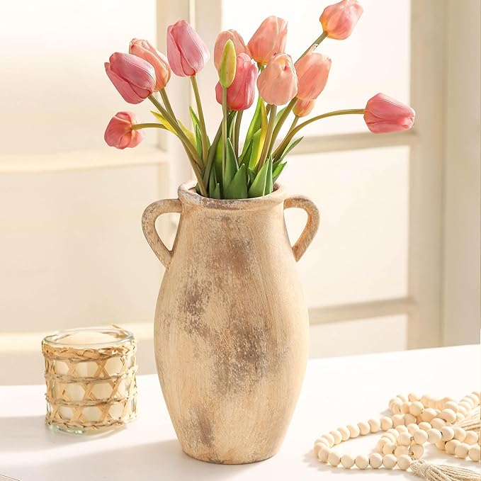 Large Ceramic Vase,11.3 inch Tall Farmhouse Flower Vase with 2 Handles,Terracotta Decorative Flower Vase for Home Decor, Living Room Entryway Table Centerpiece Decor