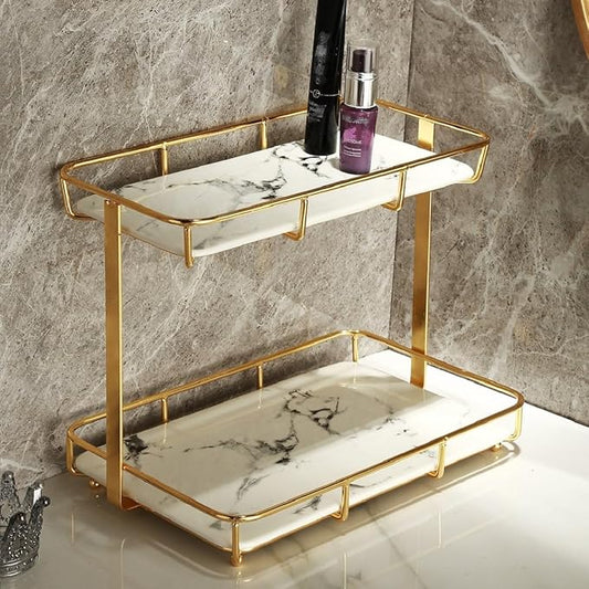 Bathroom Organizer Countertop Perfume Organizer Makeup Organizer Cosmetics Storage Display Rack Vanity Tray Dresser Stainless Steel Gold Shelf White Marble Ceramic Tray