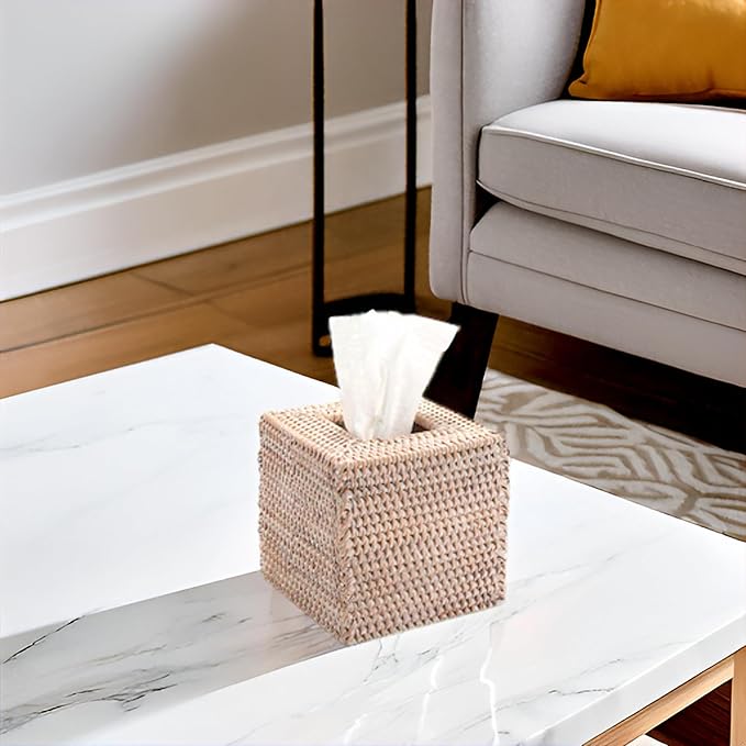 Rattan Tissue Box Cover Square, Wicker Tissue Box Holder, Decorative Woven Facial Tissue Holder for Bathroom, Kitchen, Living Room, Bedroom (Whitewash)