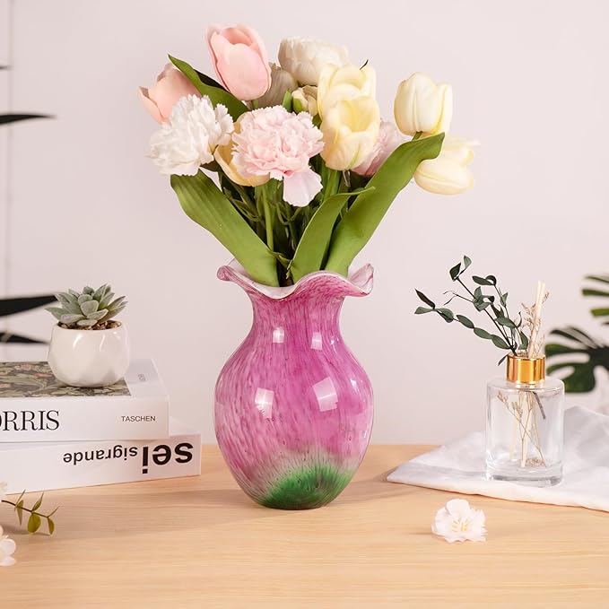 KAMMAK Colored Glass Vase, Beautiful Hand Blown Decorative Vase, Modern Art Vase for Flower Mantle Dining Table Centerpiece, Entryway Living Room Wedding Decoration, FH006