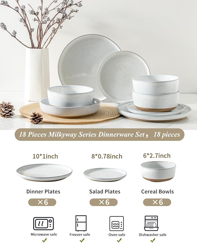 HASENSE Plates and Bowls Sets, 18 Pieces Porcelain Dishes Sets Service for 6, Stoneware Dinnerware Sets with Speckled Pattern, Scratch Resistant Microwave and Dishwasher Safe, Bluish White