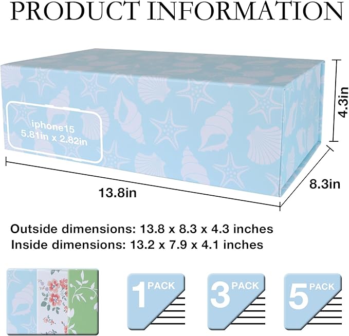 Blue Ocean Theme Gift Box with Magnetic Lids 13.8x8.3x4.4 in, Large Bridesmaid Proposal Boxes, Rectangle Wedding Decorative Storage Box 1 Pack