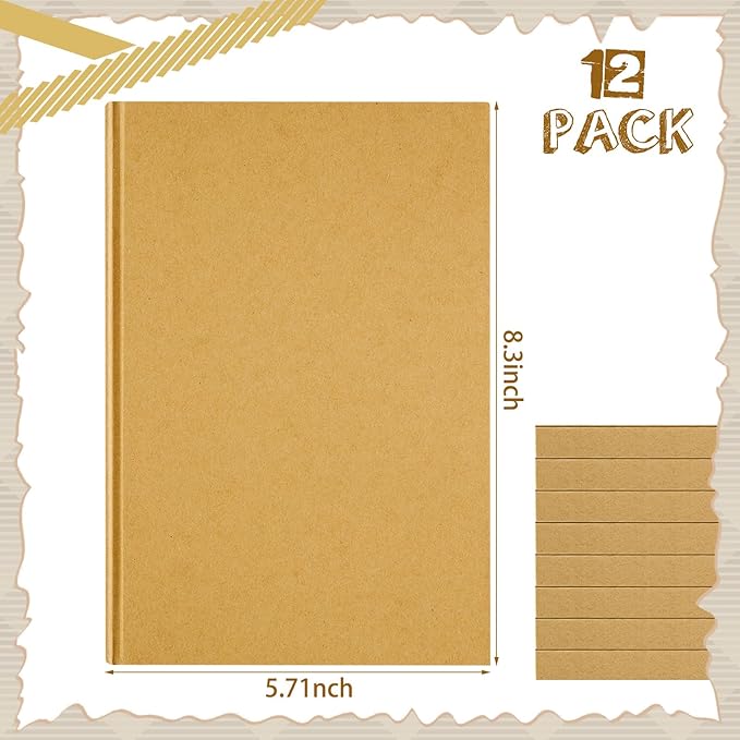 Henoyso 12 Pcs A5 Blank Notebooks Journals Bulk 100 Sheets/200 Pages Unlined Craft Notebooks Kraft Sketchbooks Hardcover for Writing Drawing for Gifts Students School Office, 8.3 x 5.7 in (Brown)