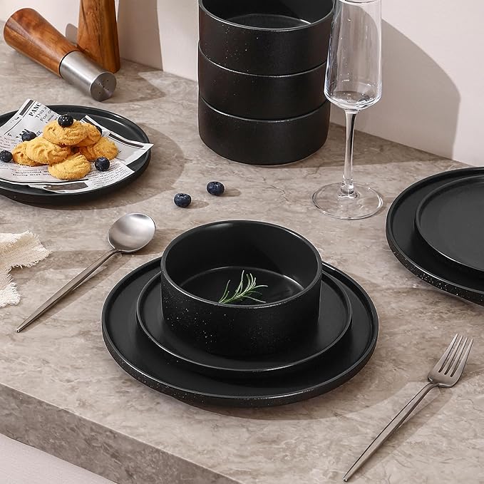 GZG Classic Series - Plates and Bowls Set for 2, 6 Piece Stoneware Dinnerware Sets, Microwave and Dishwasher Safe Lead-Free Handcrafted Ceramic Dishes Set - Frosted Matte Black