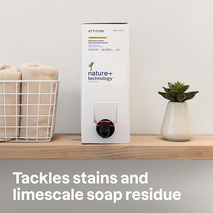 ATTITUDE Bathroom Cleaner Spray Refill, EWG Verified, Plant-Based & Vegan, Safe for Bathroom Surfaces, Tiles, Tubs, Shower Walls, and Grout, Citrus Zest Scent, 135.26 Fl Oz