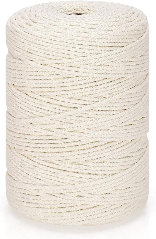 Natural Cotton Macrame Rope - 3mm x 328Yards (984Feet), 4 Strands Twisted Macrame Cord for Wall Hanging, Plant Hangers, Crafts, Gift Wrapping and Wedding Decorations, Beige