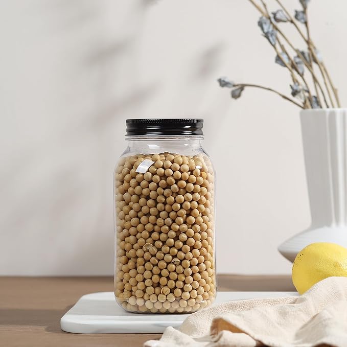 novelinks 32 oz Plastic Food Storage Jars with Metal Lids – 6 Pack BPA-Free Clear Airtight Containers for Pantry, Spices, Snacks, Kitchen & Bathroom Organization – Leak-Proof Reusable Jars (Black)