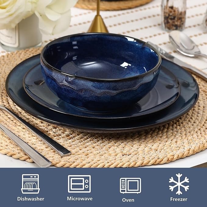 Vicrays 12-Piece Ceramic Dinnerware Set, Dinner Plates, Salad Plates & Cereal Bowls, Dish Set for 4, Microwave, Oven & Dishwasher Safe, Scratch Resistant, Blue