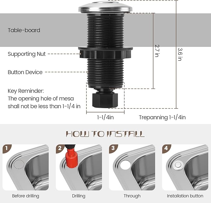 Garbage Disposal Air Switch Kit Sink Top Waste Disposal Long Stainless Steel Polished On/Off Air Button Food and Waste Disposals Part by Etoolcity, UL Listed