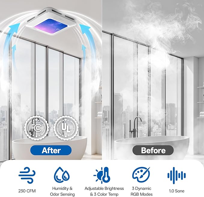 Bathroom Exhaust Fan with Humidity Sensor, Bathroom Fan with Light Odor & Humidity Sensor, 230 CFM 1.0 Sone Venlitation Fan with 3CCT LED Light 7 LED Color, Remote Control Easy Install