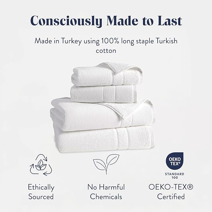 Brooklinen Super-Plush Turkish Cotton Bath Towel Set - 2 Bath Towels + 2 Hand Towels Cotton, 820 GSM, Highly Absorbent, Machine Washable, Perfect for Home & Bathroom (White)