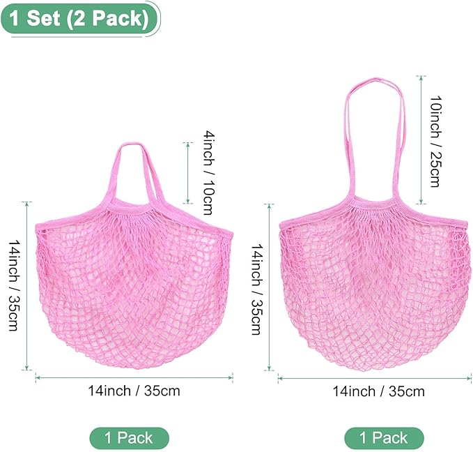 2-Pack Cotton Mesh Bag, Reusable Washable Mesh Net String Grocery Bags, Reusable Produce Bags with Handle, Net Tote Bag for Fruits/Vegetables Shopping [Pink, Long&Short Handle]