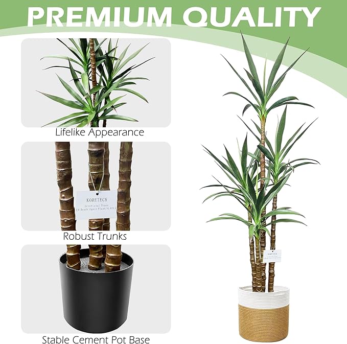 Artificial Trees 4.8Ft Faux Tree 4 Heads Agave Plants, Tall Plant Fake Plant with Plastic Pot for Home Decor, Office Decor