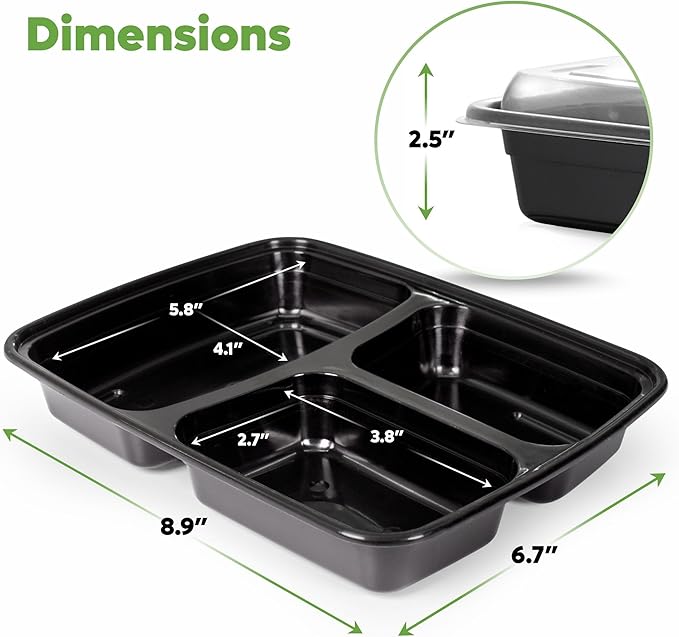GUSTO [24 oz - 50 Count 3-Compartment Meal Prep Containers with Lids – Reusable, Microwaveable, Dishwasher & Freezer Safe, BPA-Free Food Storage Boxes for Portion Control (Formerly Comfy Package)