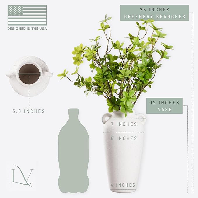 12 Inch Tall White Ceramic Vase, with 5 Branches of 25 Inch Faux Artificial Vibrant Greenery Stems Set, Textured Minimalist Jug, Fake Stem Plants, Decorative Farmhouse, Console Table Centerpiece Decor