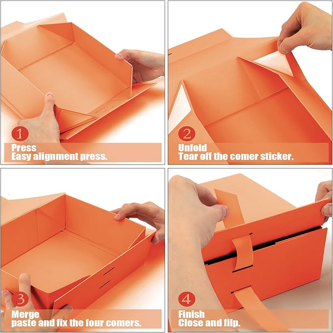 Coobbar Large Gift Box, 5-Pack Magnetic Lid Ribbon Closure, Elegant Gift Packaging, Luxury Gift Box Decorative, 10.5x7.5x3.1" - Multi-Occasion Packaging Boxes (Orange)