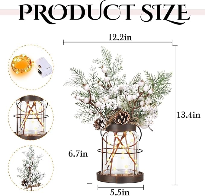 Rustic Vintage Glass Farmhouse Vase with LED Lights, Christmas Home Decor for Winter with White Berry & Pine Cones, Farmhouse Vase for Decor, Home Decor Floral Arrangement Gift