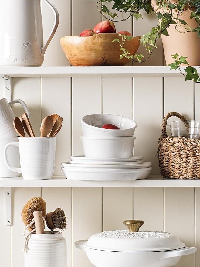 LE TAUCI Dishes Set with Mugs for 4, Stoneware Plates and Bowls Set, 10" Dinner & 8" Salad Plates, 6" Bowls, 18 oz Cups, Stackable, Microwave & Dishwasher Safe Ceramic Dinnerware, 16-Piece, White