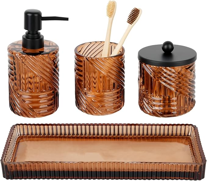 Bathroom Accessories Set,4 Pcs Amber Glass Bathroom Accessories Sets Complete with Lotion Soap Dispenser,Toothbrush Holder,Qtip Holder Dispenser and Vanity Tray,Bathroom Countertop Vanity Organizer