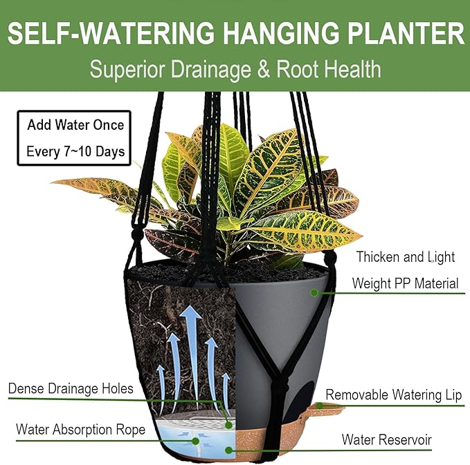 3 Pack Self Watering Hanging Planters Macrame Plant Hangers with Indoor Flower Pots 10" / 8" / 7", 3 Different Size Hanging Basket, Plant Hanger with Hooks for Garden Home Decor Black Large