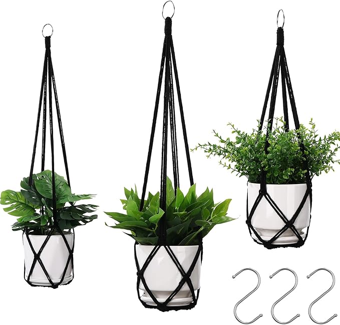 YIBOT 3 Pack Black Macrame Plant Hanger Indoor Hanging Planter Basket with 3 Hooks, 35"/29"/23" Crochet Plant Holder Stand No Tassels for Indoor Outdoor Boho Home Decor (POTS NOT Included)
