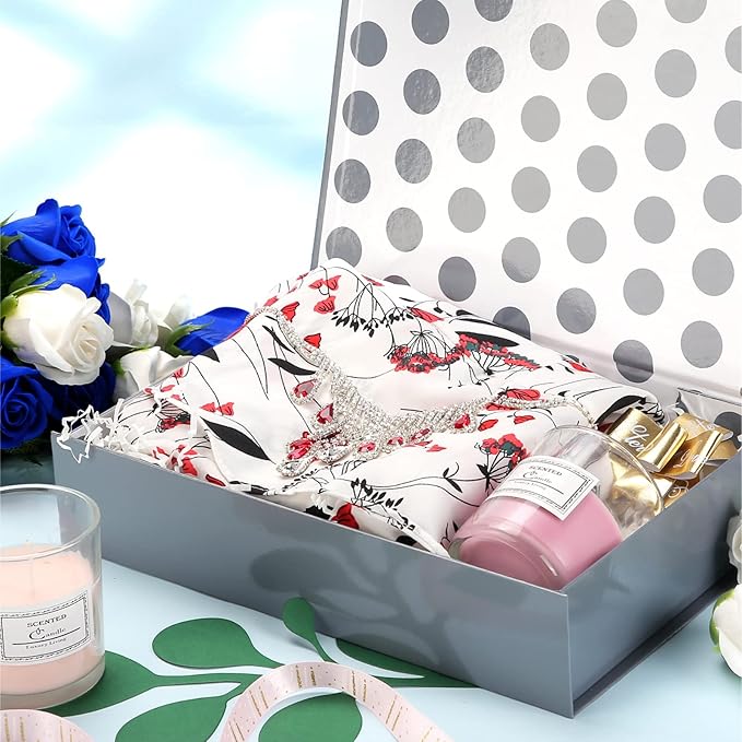 GREEN BEAN Gift Box 11x7.8x2.3 Inches, Grey Gift Box with Lid for Presents, Magnetic Gift Boex for Clothes (Glossy Metallic Grey, Polka Dot Design Inside)