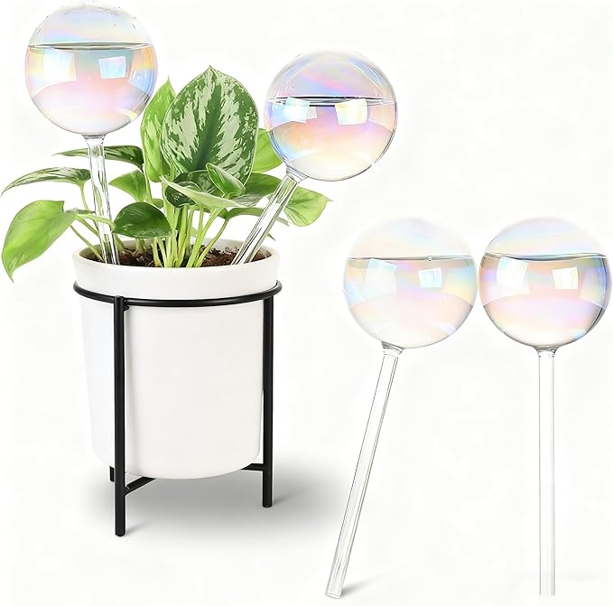 4PCS Extra Large Plant Watering Globes 13 oz Up to 2 Weeks, Light Iridescent Glass Self Water Bulbs for Indoor Outdoor Plants, Vacation Automatic Planter Waterer System Self-Watering Stakes