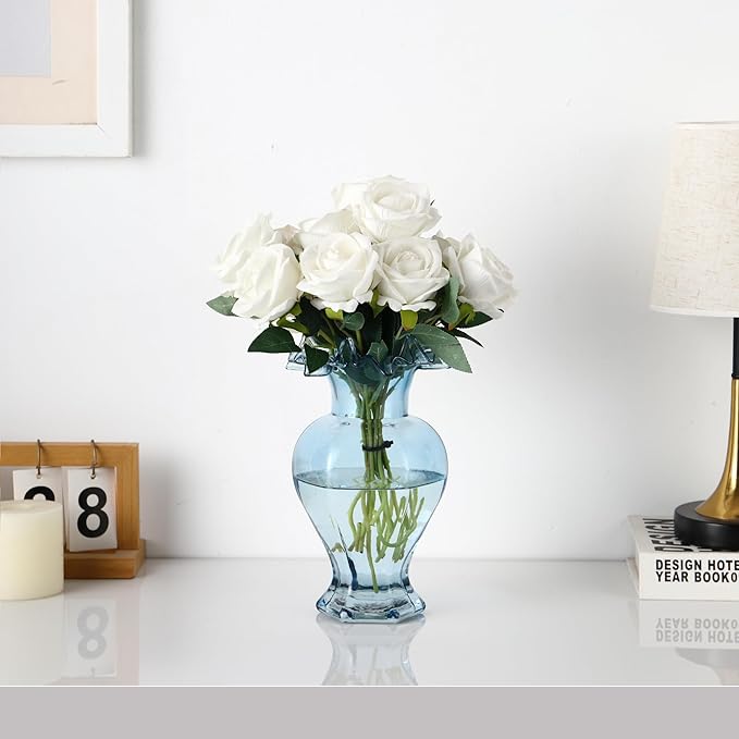 Large Glass Vase, Blue Vase for Flowers, Flower Vases for Bouquet, Glass Flower Vases for Living Room, Dining Table, Shelf, Wedding, Office, Coffee Table, 9.5 Inches